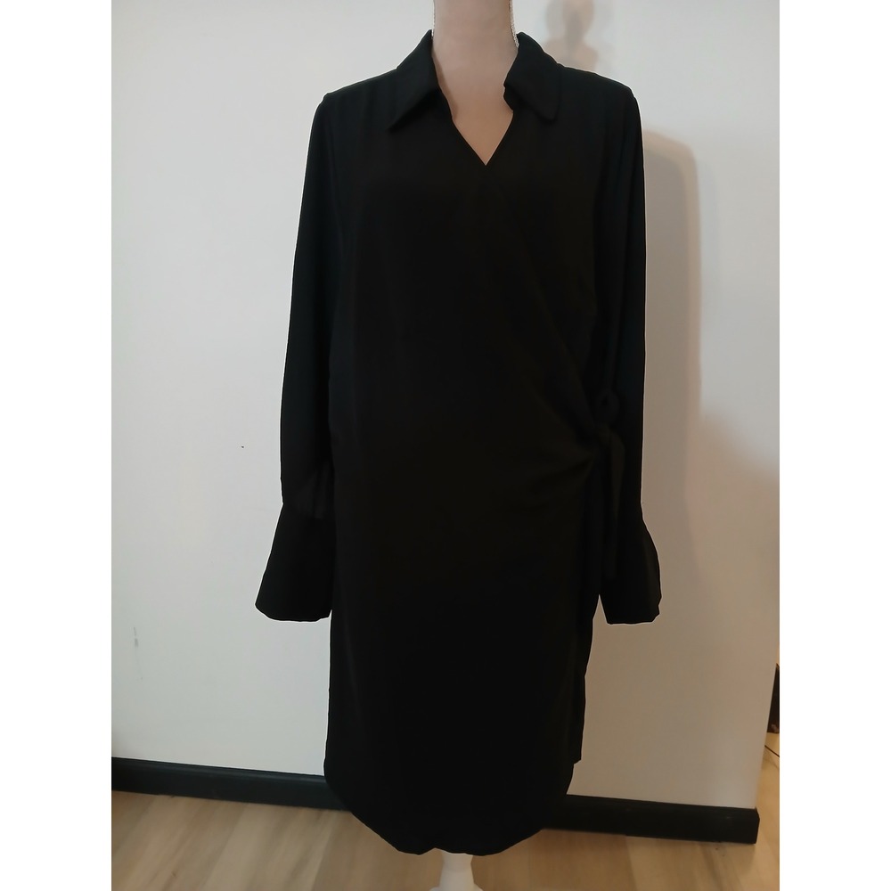 HM Black Long Sleeve Wrap Dress Collared V-Neck Plus Size 3XL 3062